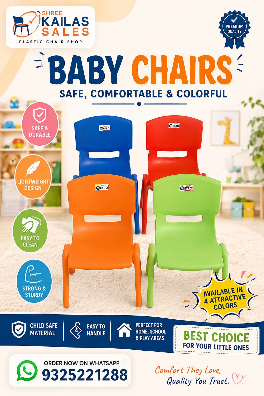 Plastic furniture warehouse in Katraj Pune – Shree Kailas Sales stocked with chairs, tables and buckets